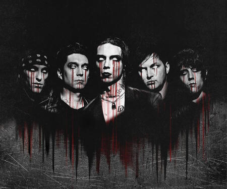 Members of Black Veil Brides in front of a black background. Blood drips from each of their eyes and mouths. From left: Christian "CC" Coma, Jake Pitts, Andy Biersack, Jinxx Ferguson, and Lonny Eagleton.